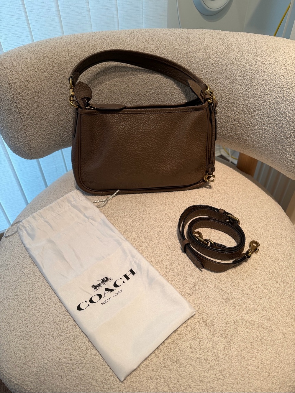 Coach Cary Brown Pebbled Leather Shoulder Bag with Gold Hardware